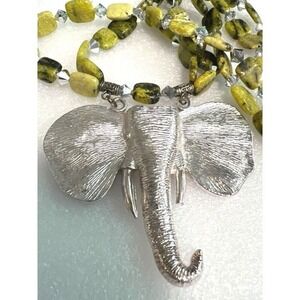 Artisan Chunky Figural Elephant Necklace Natural Serpentine‎ Jasper Beads Signed